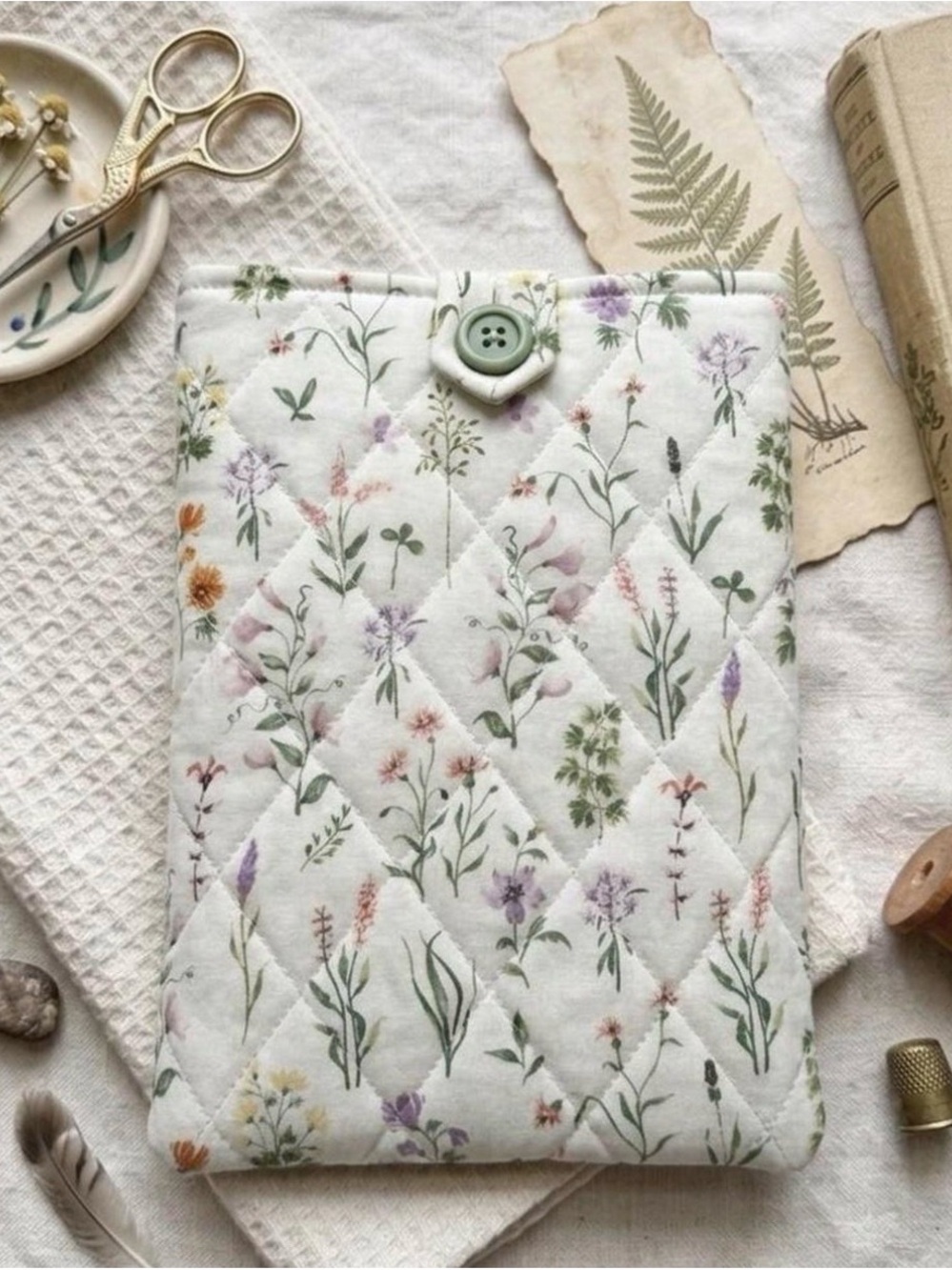 Quilted Floral kindle Sleeve with Button Closure - Pastel Wildflowers